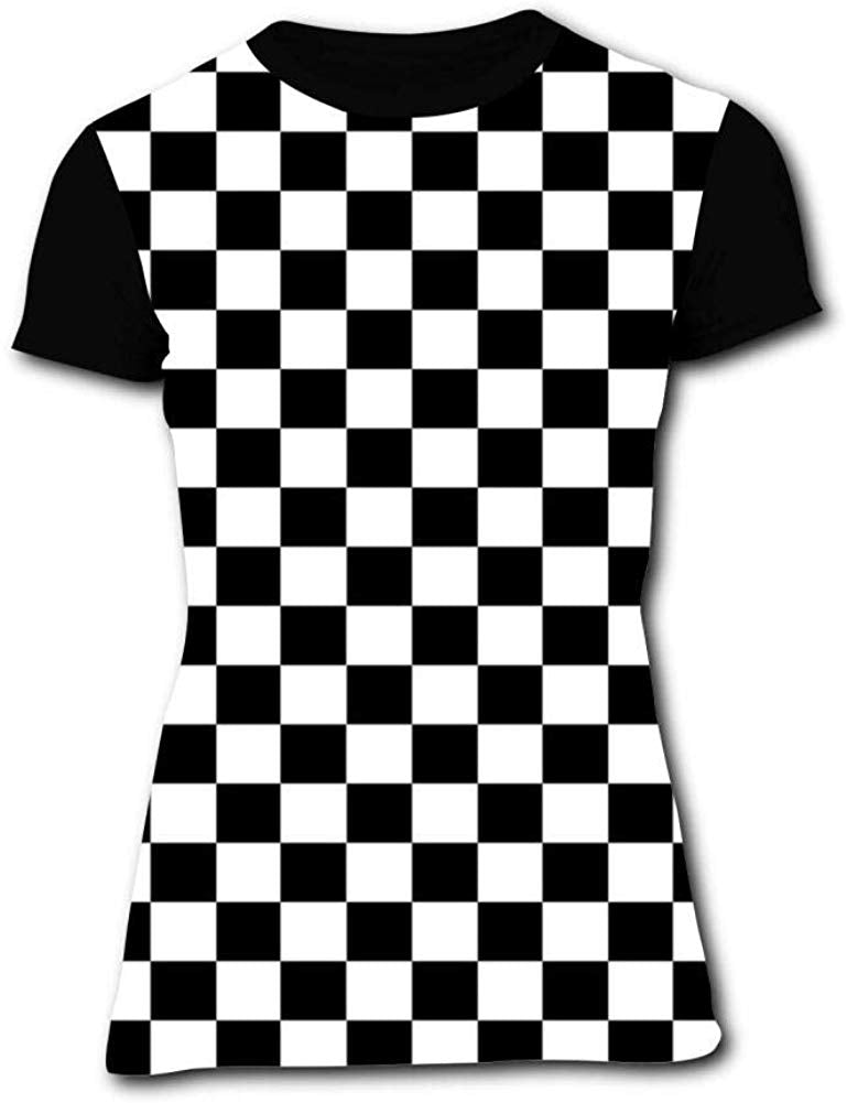 Women's T Shirts Black & White Checkerboard Squares 3D Floral Print Casual Tops for Women Tees Black