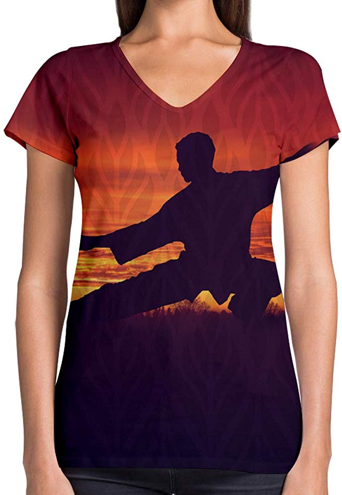 Sport Flag and Fire Print 3D Woman V Neck Tee Polyester Tai Chi Silhouette