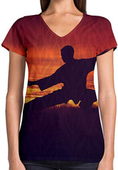 Sport Flag and Fire Print 3D Woman V Neck Tee Polyester Tai Chi Silhouette