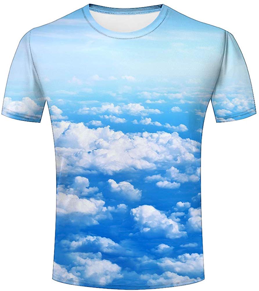 Men Fashion Tshirts White Fluffy Clouds Blue Sky Unisex Casual 3D Print Short Sleeve T Shirt Tees A b