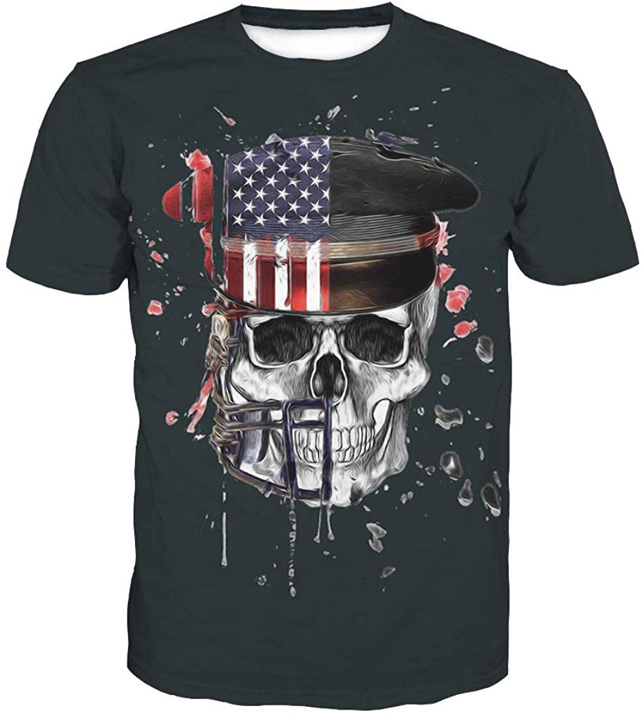 Unisex 3D Novelty Tshirts Men Graphic Funny Tees Printed Crewneck Short Sleeve Summer Top T Shirts Black Skull