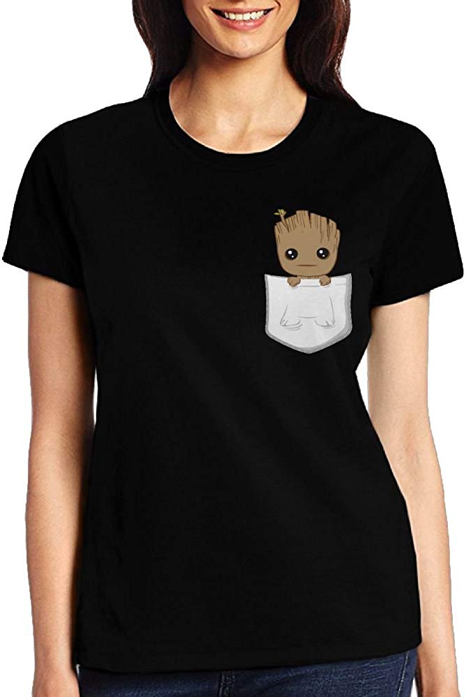 Womens 3D Digital Printed Pocket Groot Short Sleeve T Shirts Tees Black
