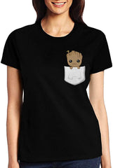 Womens 3D Digital Printed Pocket Groot Short Sleeve T Shirts Tees Black