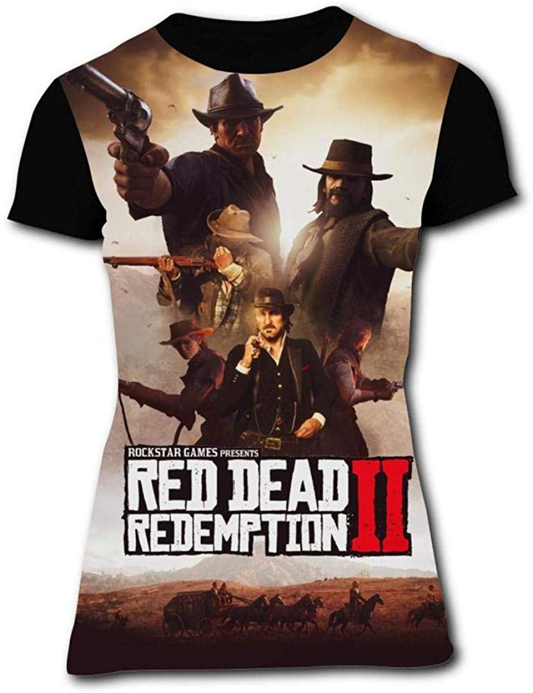 Red Dead Re demp Tion 2 Gun Man Women's T Shirt Classic 3D Crew Neck T Shirt Tops Short Sleeves Tees Black