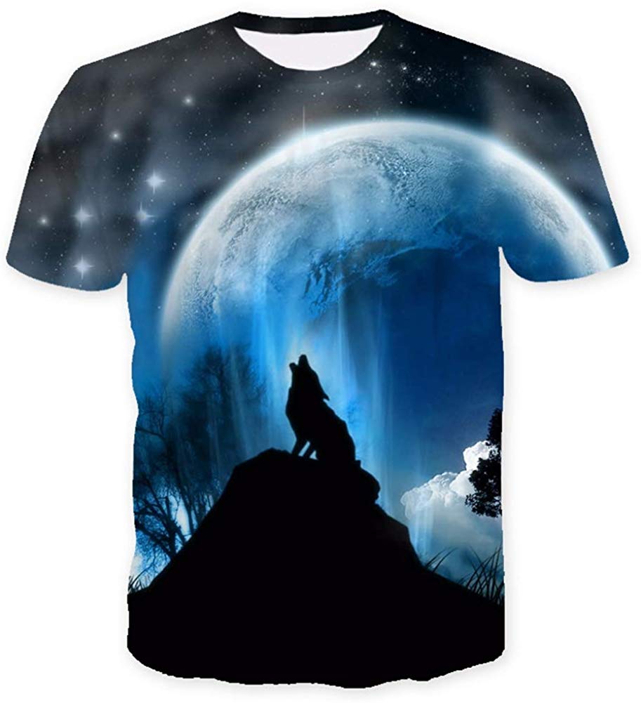 Fashion Mens 3D Digital Printed Design Pattern T Shirts Top Tees Moon Wolf
