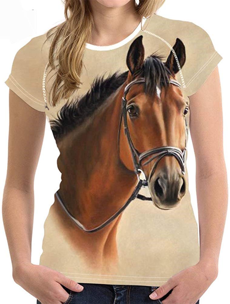 Horse Print Women T Shirt Art Design Tee Girls Elastic Short Sleeve Horse2