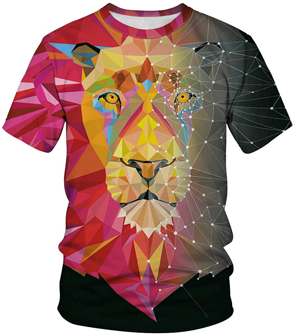 3D Print T Shirt Fashion Graphic Tee Crewneck Short Sleeve T Shirts for Men Women Black Pink Lion