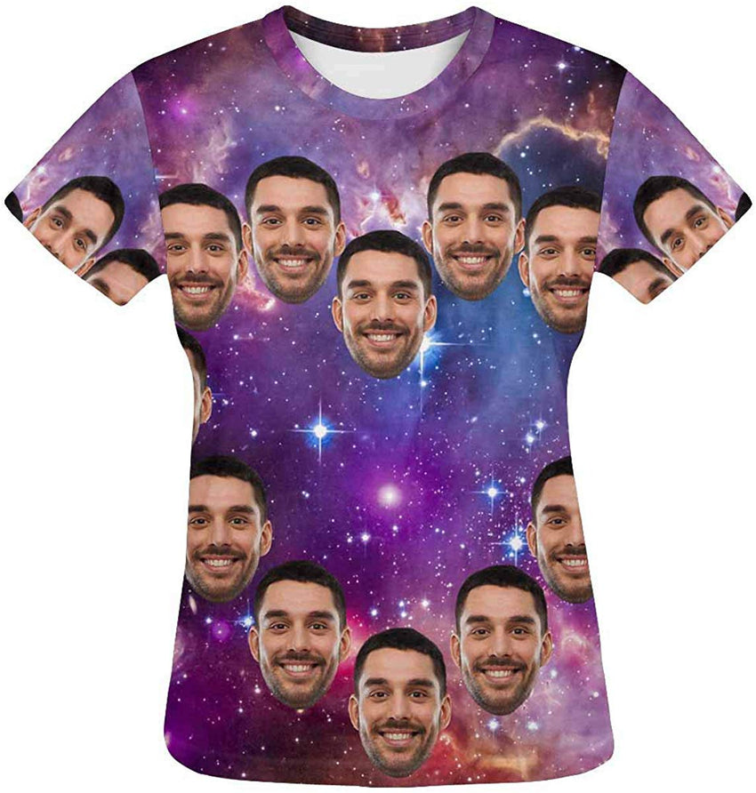 Custom Women's T Shirt with Faces Galaxy Personalized Print Short Sleeve Shirts Galaxy