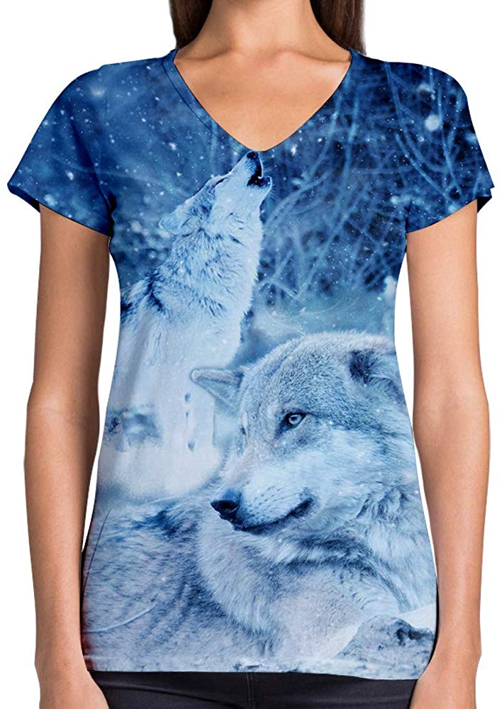 Animals Dinosaurs Others Print 3D Woman V Neck Tee Polyester Winter Wolves