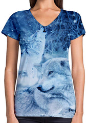 Animals Dinosaurs Others Print 3D Woman V Neck Tee Polyester Winter Wolves