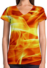 Sport Flag and Fire Print 3D Woman V Neck Tee Polyester Burning
