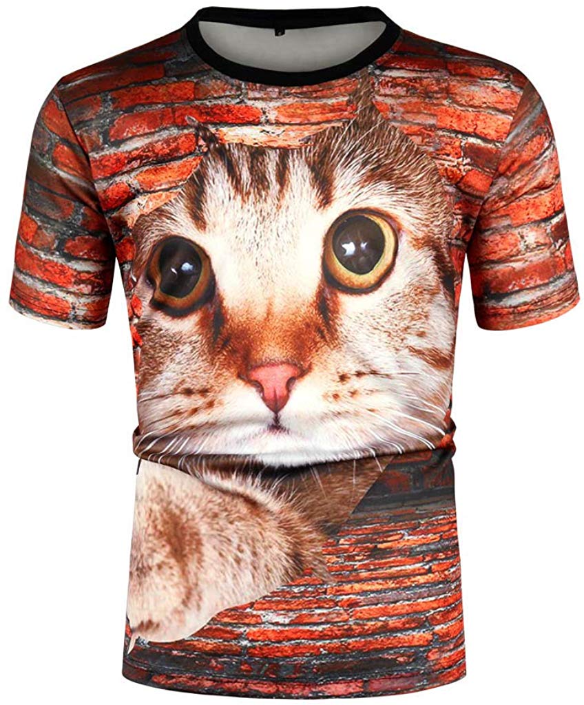 Mens T Shirt Cat 3D Printing Tops Short Sleeve Brown