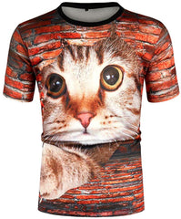 Mens T Shirt Cat 3D Printing Tops Short Sleeve Brown