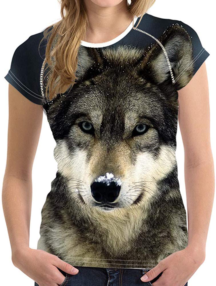 Horse Print Women T Shirt Art Design Tee Girls Elastic Short Sleeve Wolf 02