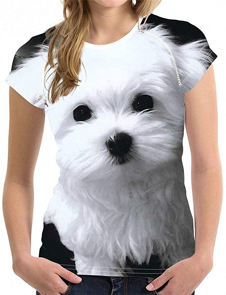 Womens 3D Maltese Dog Print Short Sleeve Breathable Tshirt Tops Tee H10852bv