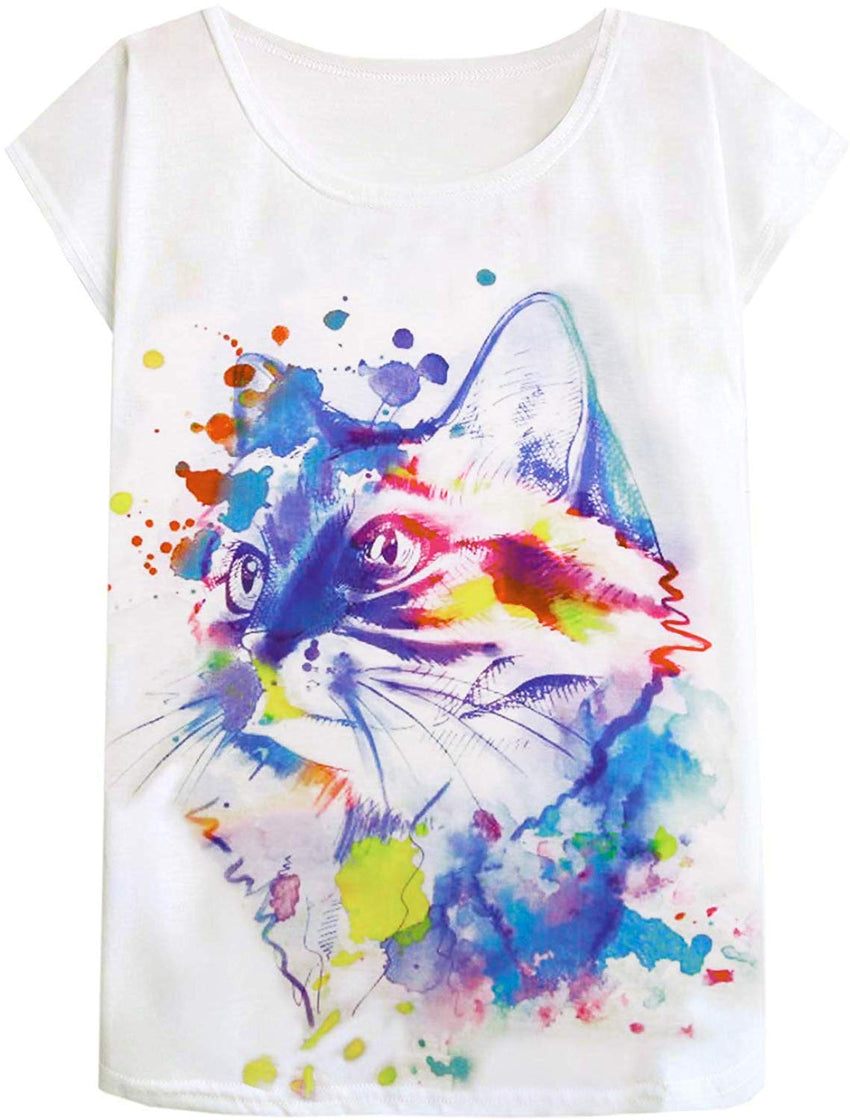 Women's Cute Cat Graphic Abstract Paint Splatter Casual T Shirt Top Blue Cat