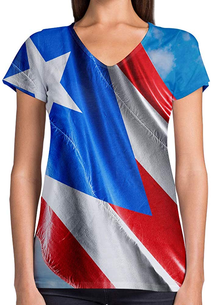 Sport Flag and Fire Print 3D Woman V Neck Tee Polyester Puerto Rico Flag