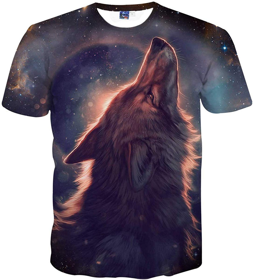 Unisex 3D Novelty Tshirts Men Graphic Funny Tees Printed Crewneck Short Sleeve Summer Top T Shirts Galaxy Wolf
