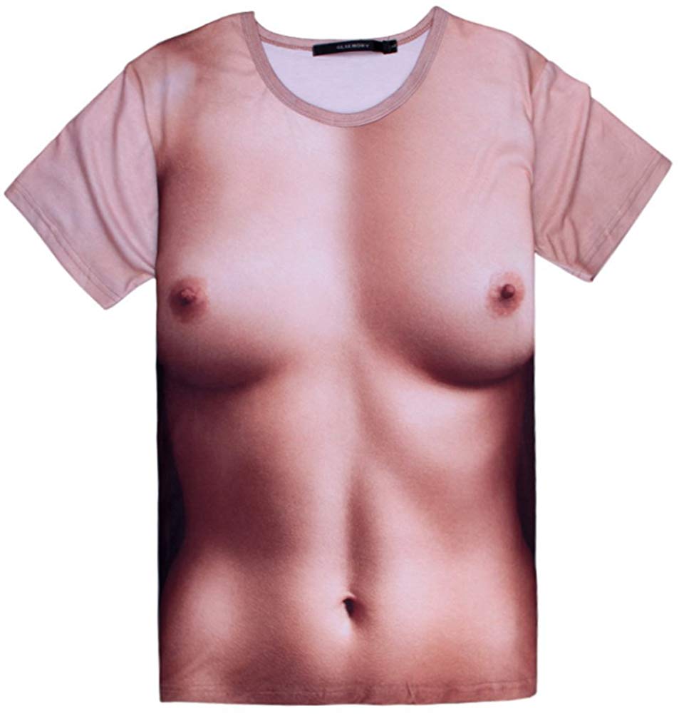 Angcoco Unisex Short Sleeve 3D Digital Print Spoof Tee Shirt Naked Woman Nature