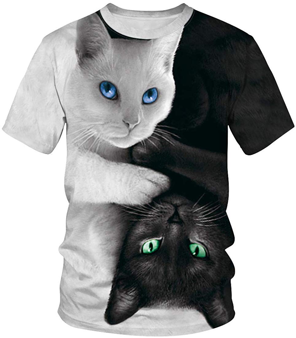 3D Print T Shirt Fashion Graphic Tee Crewneck Short Sleeve T Shirts for Men Women Black White Cat
