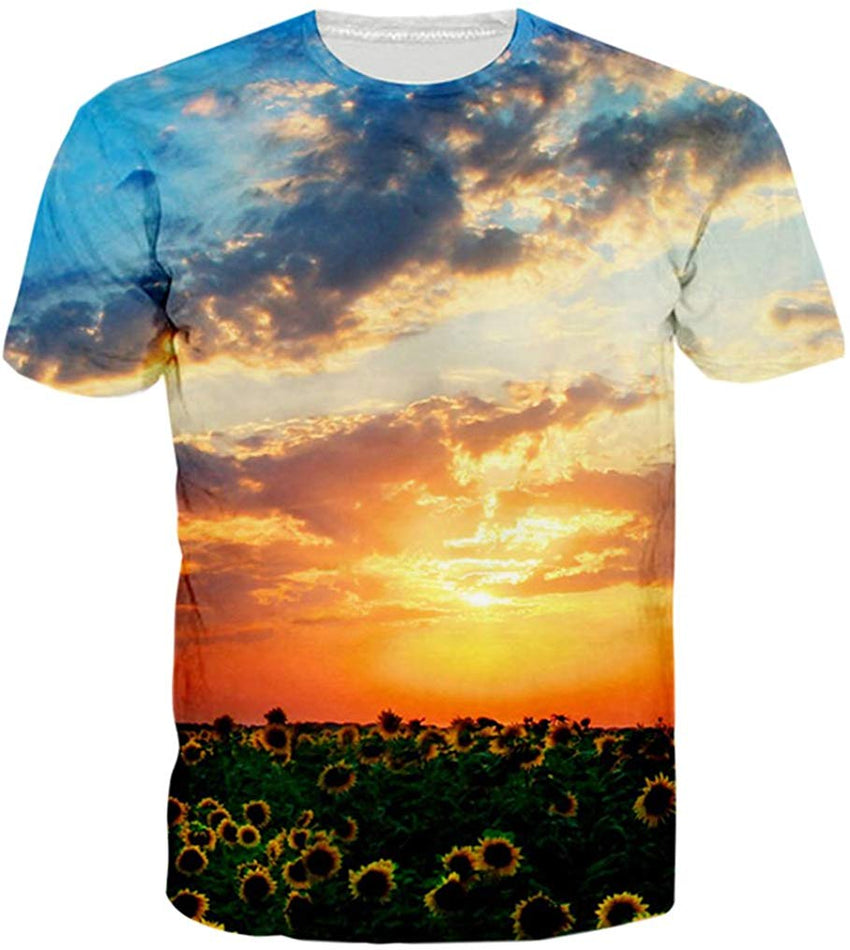 Summer Fashion Women Men Printed Short Sleeve Tee Tops T Shirts Sunflower Leaves