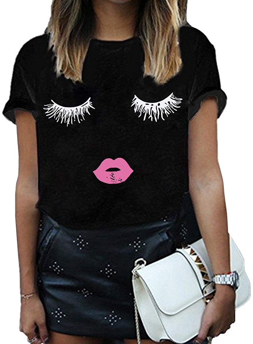 Women Summer Funny Print Short Sleeve Top Tee Graphic Cute T Shirt Black