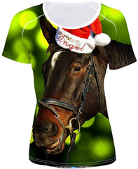 Women' Girl's T Shirt with Animl Cat Dog Print Xmas Horse