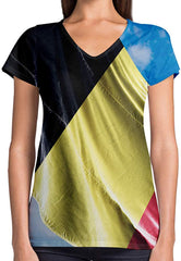 Sport Flag and Fire Print 3D Woman V Neck Tee Polyester Belgium Flag