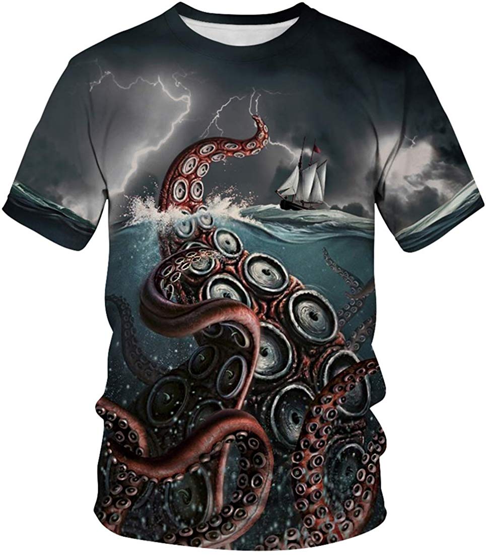 Unisex T Shirt 3D Pattern Print Novelty Short Sleeve Sports Fitness Summer Tee Octopus b