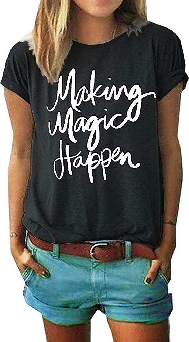 Womens Letter Printed Pullover Casual Tees T Shirt Black