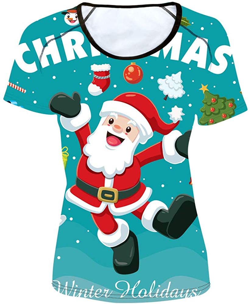 Women' Girl's T Shirt with Animl Cat Dog Print Xmas santa Blue