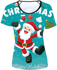 Women' Girl's T Shirt with Animl Cat Dog Print Xmas santa Blue