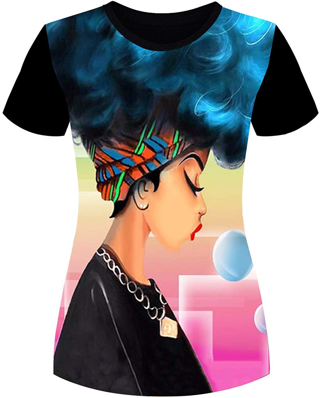 Women's T Shirts Black Woman Afro Natural Hair 3D Floral Print Casual Tops for Women Tees Black 4
