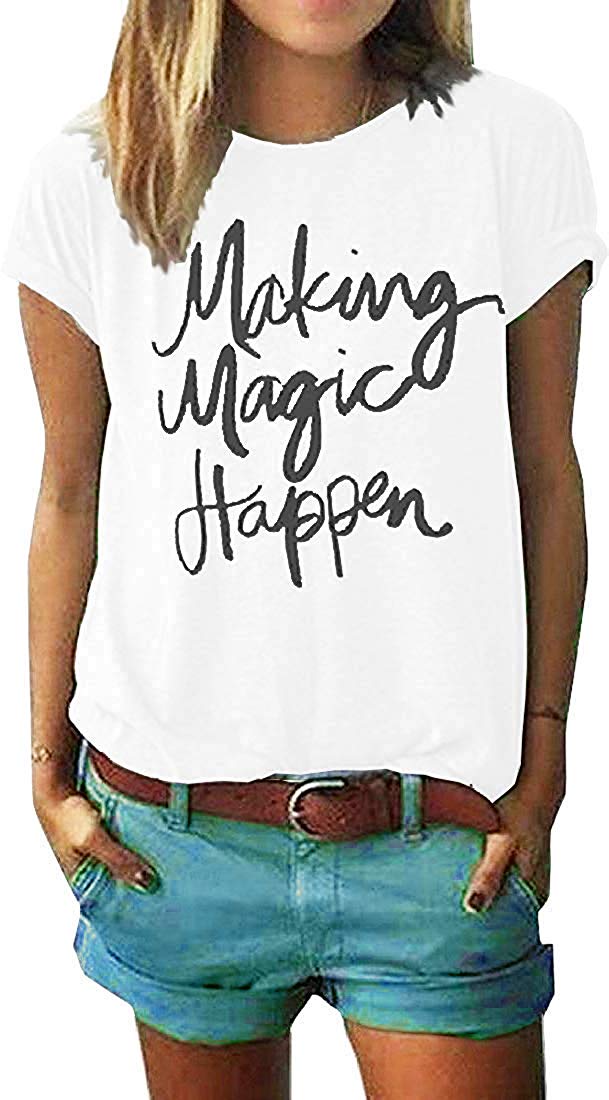 Womens Letter Printed Pullover Casual Tees T Shirt White
