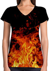 Sport Flag and Fire Print 3D Woman V Neck Tee Polyester Full Fire