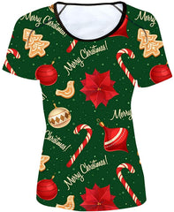 Women' Girl's T Shirt with Animl Cat Dog Print Xmas green