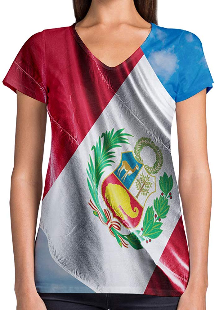 Sport Flag and Fire Print 3D Woman V Neck Tee Polyester Peru Flag