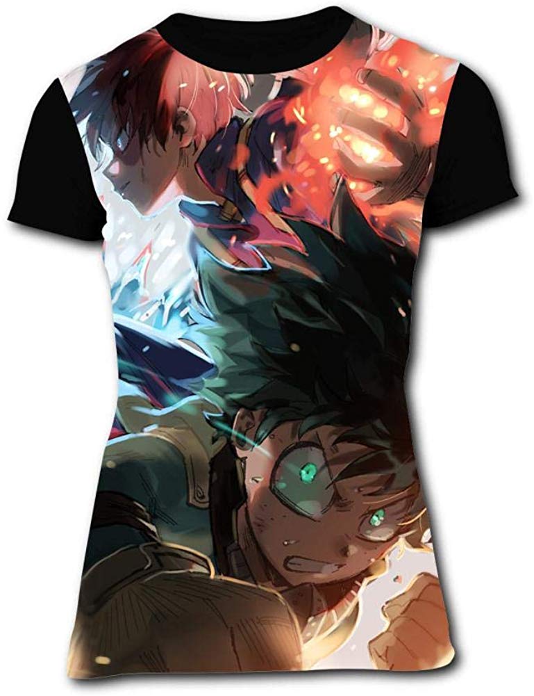 De ku Sho to Team My Hero School Women's T Shirt Classic 3D Crew Neck T Shirt Tops Short Sleeves Tees Black