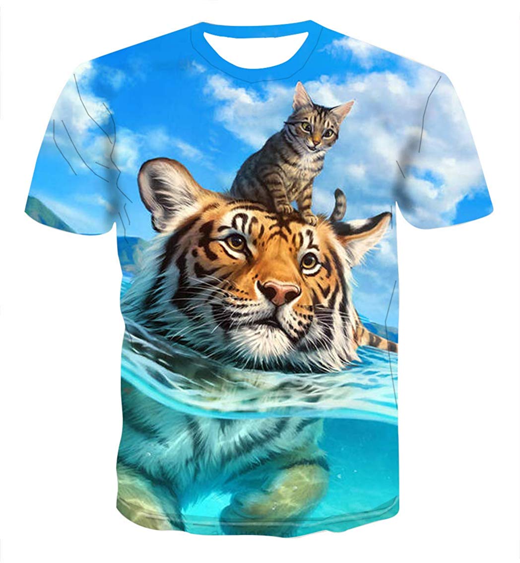 Fashion Mens 3D Digital Printed Design Pattern T Shirts Top Tees Tiger With Cat