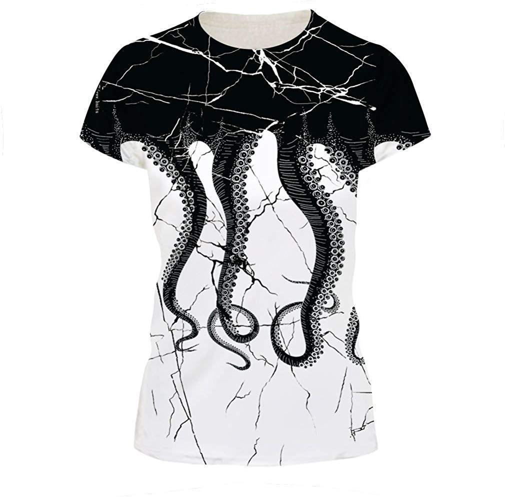Velynce Unisex Thin Shirts Stylish 3D Digital Printed Lion Skull Casual Personality T Shirts Couple Clothing Black Octopus #10