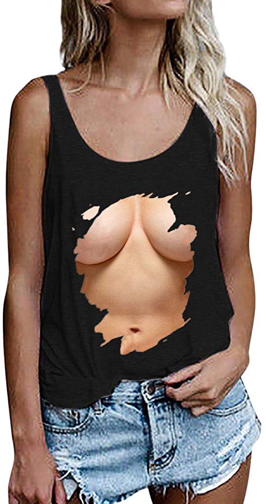 Novelty T Shirt Women's Plus Size Big Chest Funny 3D Print Tee Shirt Short Sleeve O Neck Tops Black vest