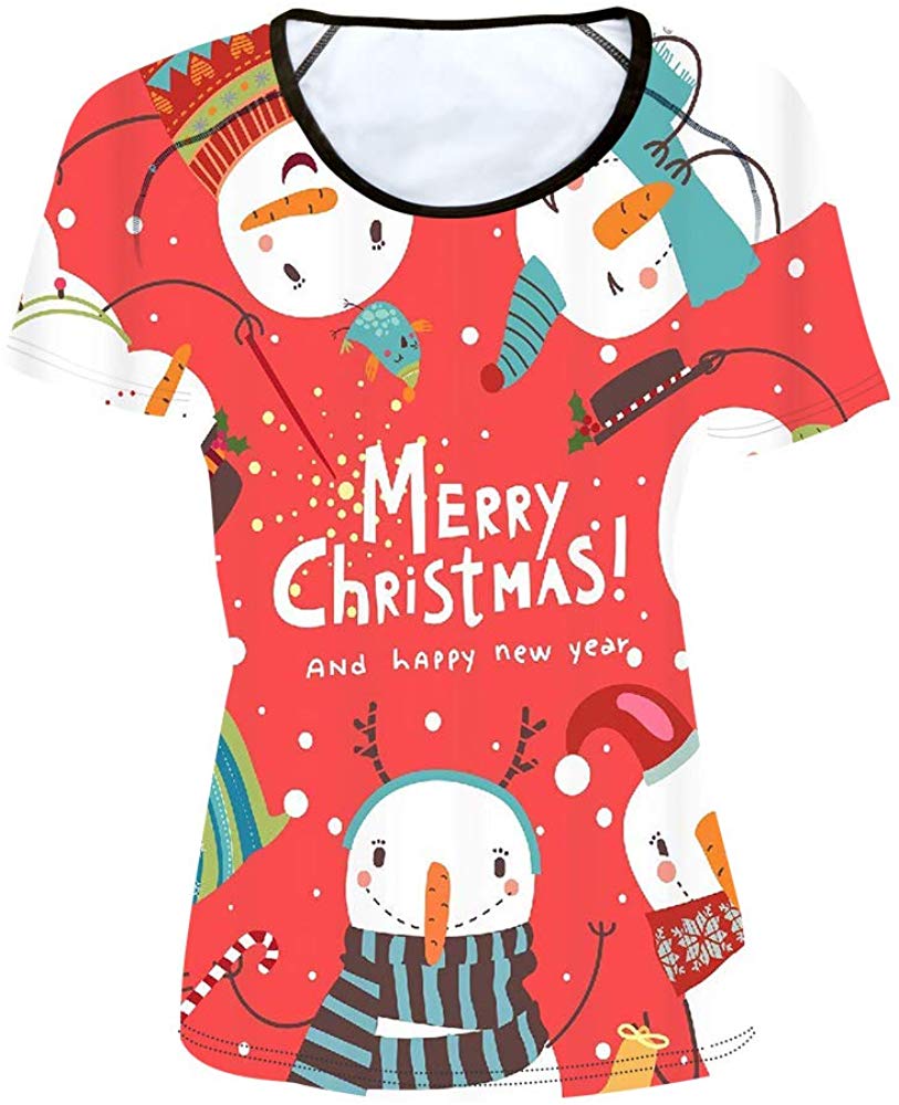 Women' Girl's T Shirt with Animl Cat Dog Print Xmas snowman