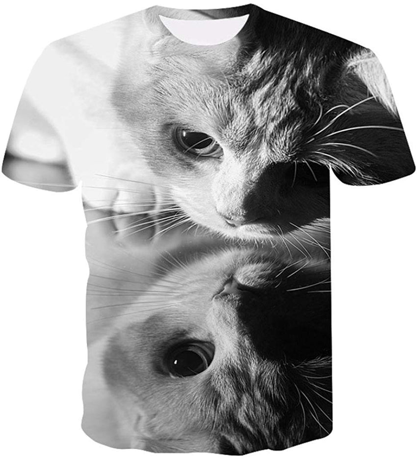 Mens T Shirt Cat 3D Printing Tops Short Sleeve Black