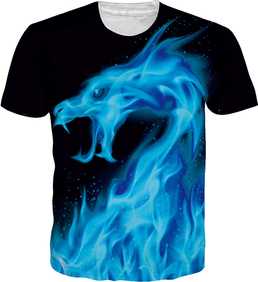 Mens T Shirts 3D Graphic Short Sleeve Tees Funny Printed Summer Tops Blue Dragon