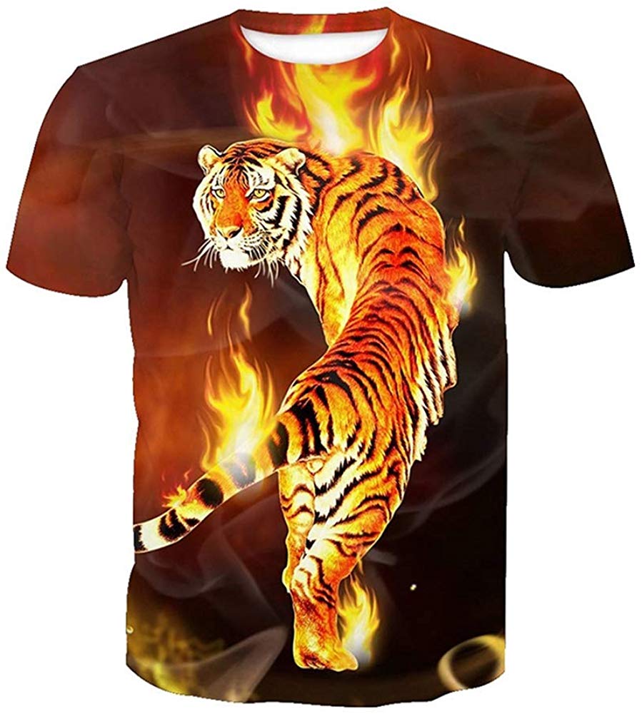 Fashion Mens 3D Digital Printed Design Pattern T Shirts Top Tees Tiger With Fire