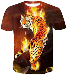 Fashion Mens 3D Digital Printed Design Pattern T Shirts Top Tees Tiger With Fire