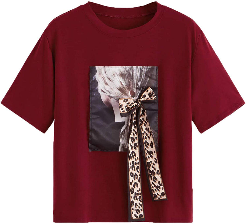 Romwe Women's Oversized Loose Short Sleeve Round Neck Graphic Print Applique Tee Shirt Tops Red