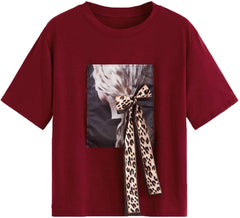 Romwe Women's Oversized Loose Short Sleeve Round Neck Graphic Print Applique Tee Shirt Tops Red