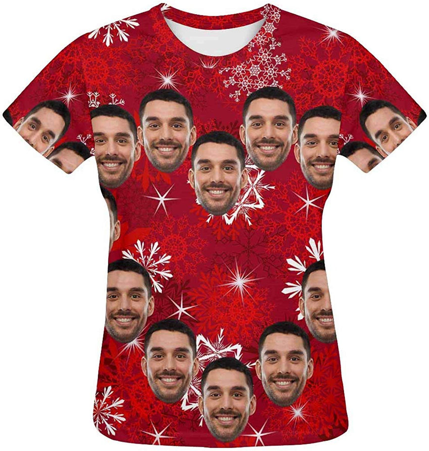 Custom Women's T Shirt with Faces Galaxy Personalized Print Short Sleeve Shirts Snowflakes 2