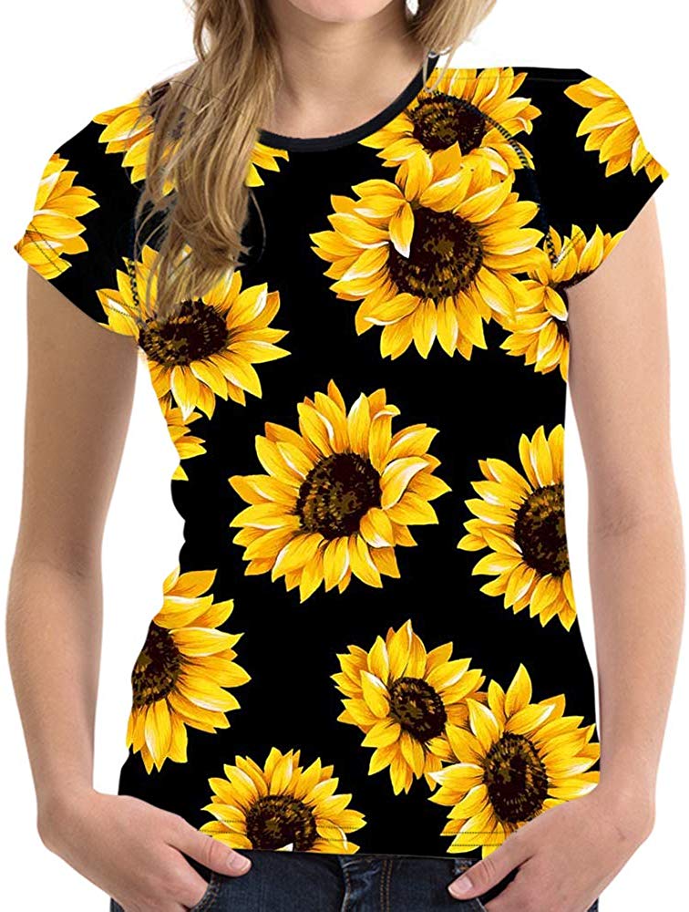 Horse Print Women T Shirt Art Design Tee Girls Elastic Short Sleeve Sunflower